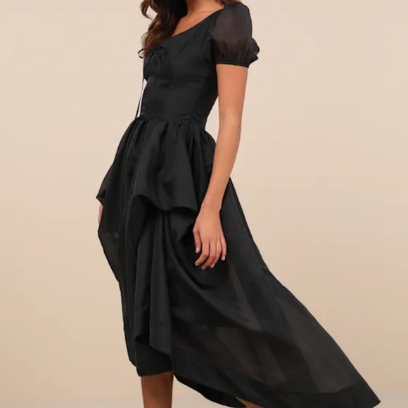 Lulus Delightfully Chic Black Organza Puff Sleeve Midi Dress - Picture 2 of 6
